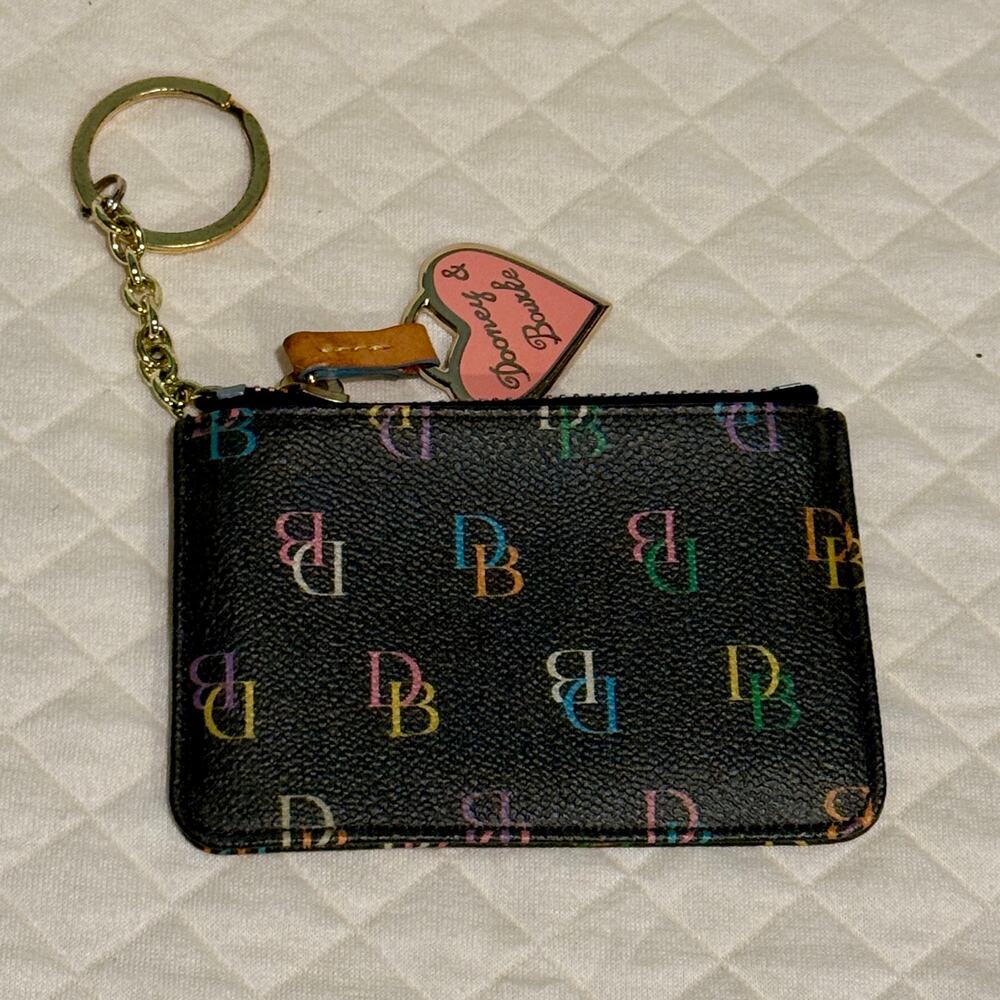 Vintage Dooney & Bourke Rainbow Monogram Zip Pouch Coin Purse Y2K Heart Charm - Picture 2 of 3